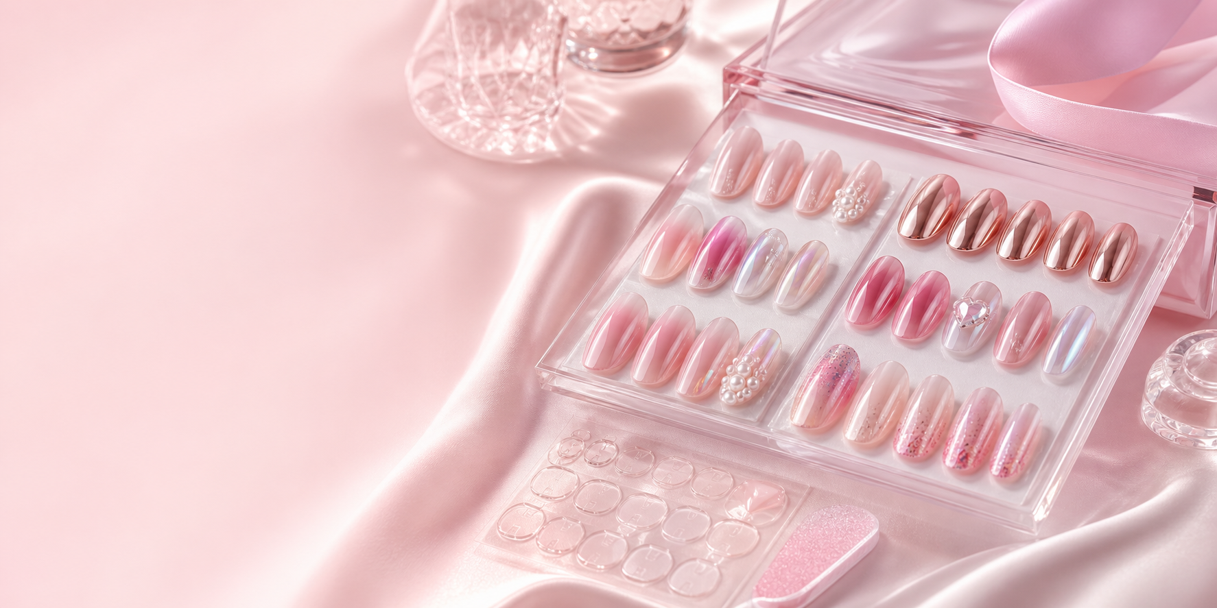 Pink handmade press-on nail kits with chrome, jelly, and pearl designs